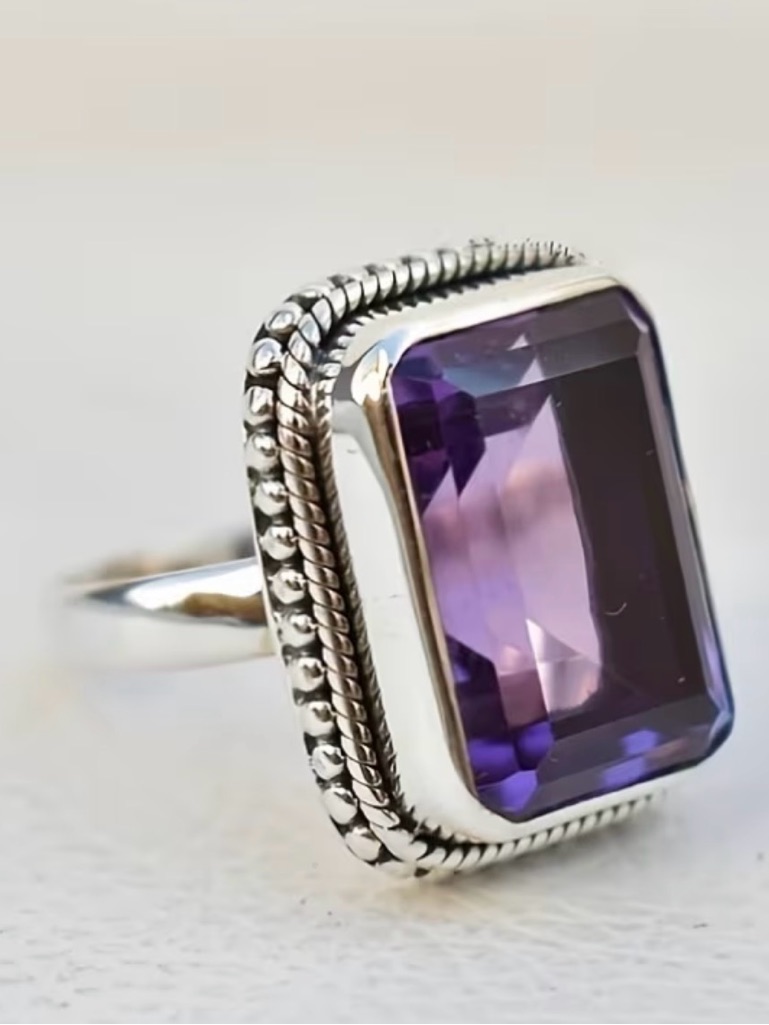 Luxe Silver Ring With Deep Purple Emerald-Cut Stone
